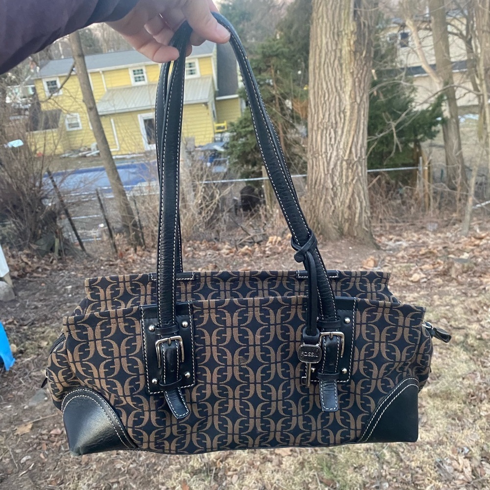 Fossil Y2k Barrel Bag Signature Canvas Leather Mo… - image 3